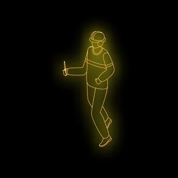 Construction worker walking holding tool glowing neon style Stock Illustration