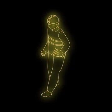 Construction worker walking with paint roller in hand, neon style illustratio Stock Illustration