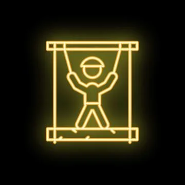 Construction worker walking on rope bridge neon sign on black background Stock Illustration