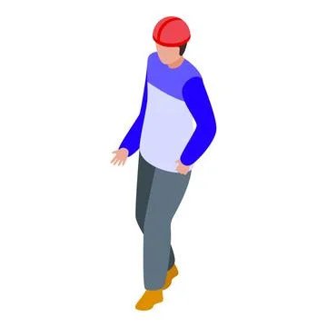 Construction worker walking wearing red helmet isometric icon Stock Illustration