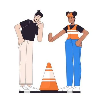 Construction worker warning pedestrian about safety hazard 2D cartoon charact Stock Illustration