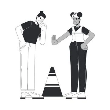 Construction worker warning pedestrian about safety hazard line art character Stock Illustration