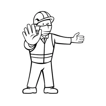 Construction Worker Wearing Face Mask Showing Stop Hand Signal Pointing Black Stock Illustration