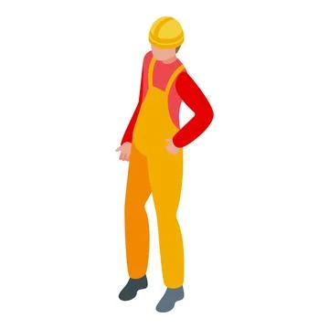 Construction worker wearing hard hat and yellow overalls standing with hand.. Illustrazione stock