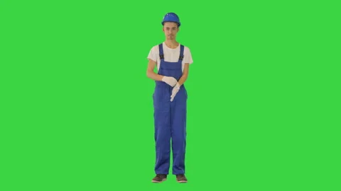 Construction worker wearing protective gloves on a Green Screen, Chroma Key. Stock Footage 156252367