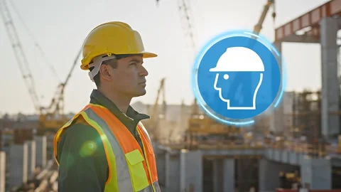 Construction worker wearing yellow hard hat at active construction site ISO 7010 Stock Footage 339373557