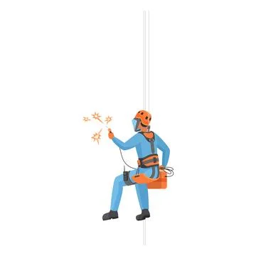 Construction worker welding at height, welder man in helmet and uniform hanging Illustrazione stock