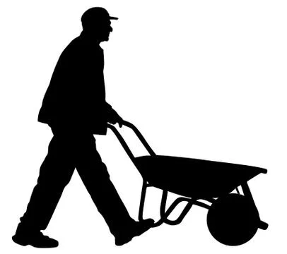 Construction worker with wheelbarrow vector silhouette Stock Illustration