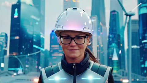 Construction worker. Woman builder in blue overalls and white hard hat put on Video stock 294957092