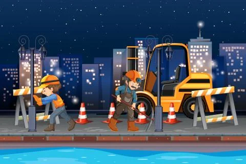 Construction worker working at night Stock Illustration