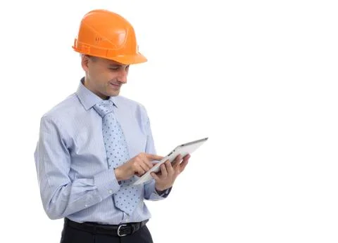 Construction worker working on tablet Stock Photos