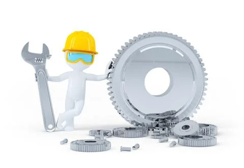 Construction worker with wrench and gears Stock Illustration