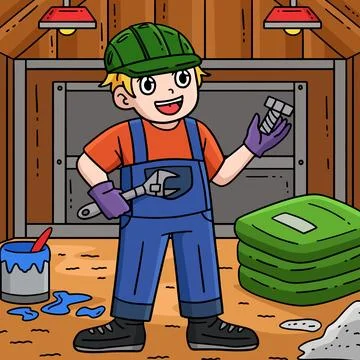 Construction Worker Wrench Bolt Colored Cartoon Illustrazione stock