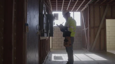 Construction Worker Writes On Clipboard By Electrical Box Stock Footage 270390344