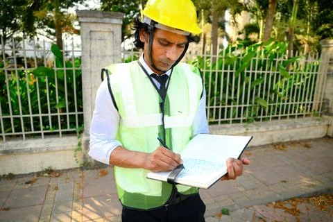 Construction worker writing in a notebook outdoors Stock Photos