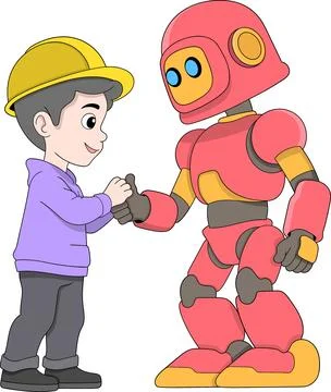 Construction Workers and AI Robots Working Together Cartoon Vector Illustrati Stock Illustration