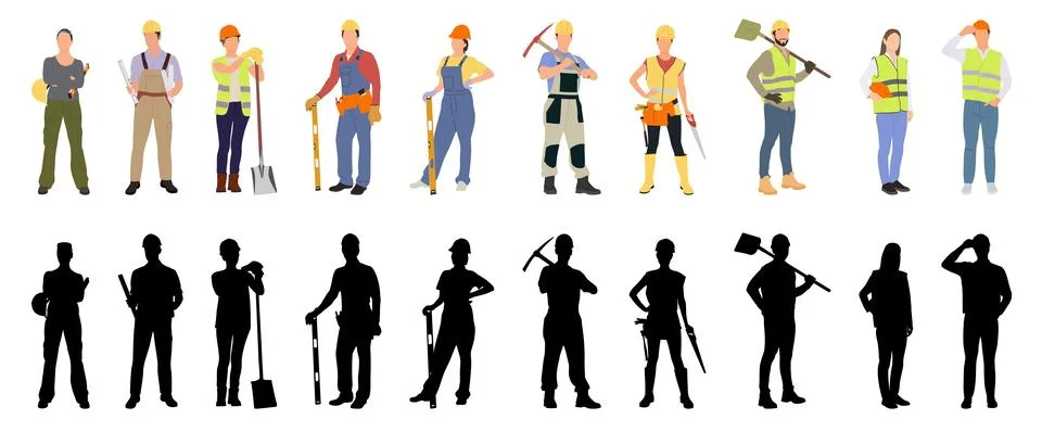 Construction workers and silhouette Ilustración de archivo
