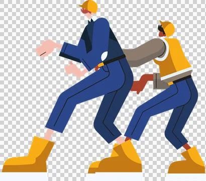 Construction workers are being shown in flat design with hard hats, boots, Ilustración de archivo