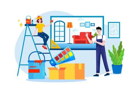 Construction workers arranging interior Stock Illustration