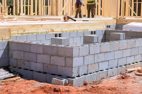 Construction workers build block foundation at new home site Stock-Fotos