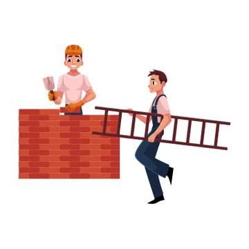 Construction workers, builders - building brick wall, another carrying ladder Ilustración de archivo