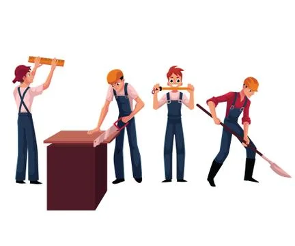 Construction workers, builders wearing helmets and overalls, sawing, digging Illustrazione stock