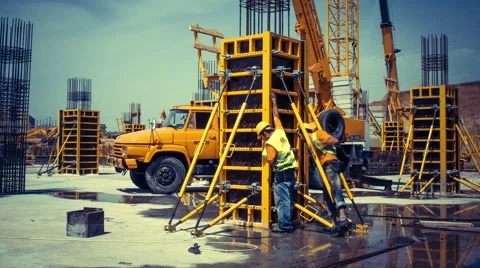 Construction workers building concrete formwork Stock Footage 41093061