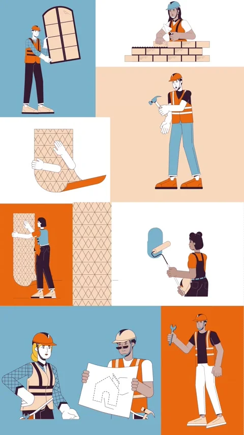 Construction workers building house animated bento grid layout Stock Footage 320550106