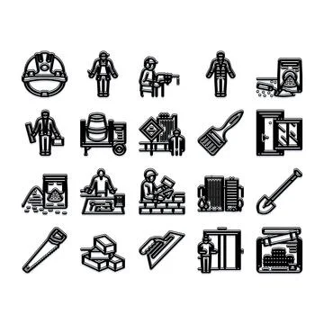 Construction workers building industry tools equipment icons Ilustración de archivo