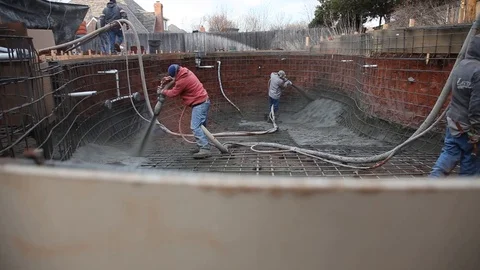 Construction Workers Building Pool With Shotcrete Gunite Stock Footage 124270206