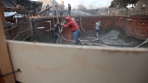 Construction Workers Building Pool With Shotcrete Gunite Stock Footage 124270207