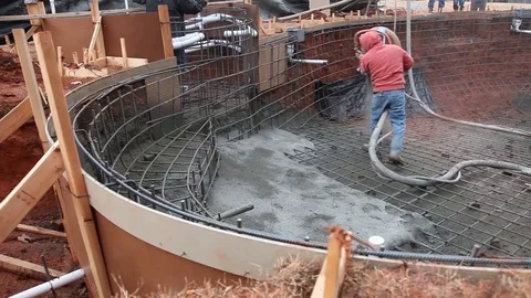 Construction Workers Building Pool With Shotcrete Gunite Stock Footage 124270224