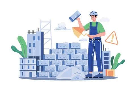 Construction Workers Building The Wall Stock Illustration