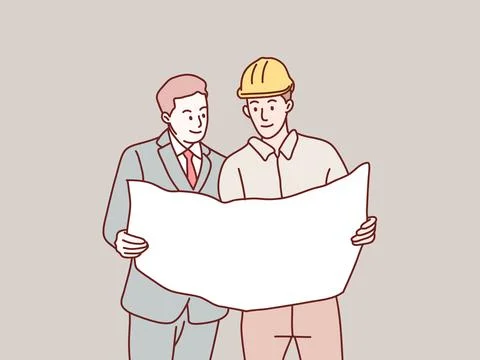 Construction workers businessman teamwork collaboration in blueprint planning Stock Illustration