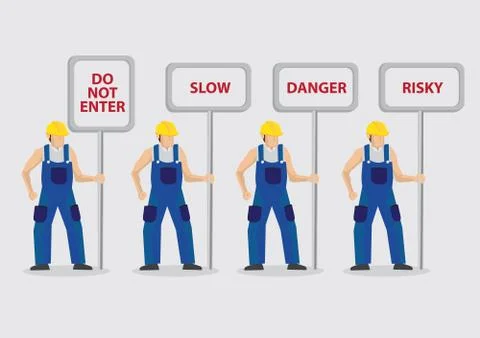 Construction Workers Carrying Warning Signs Vector Illustration Stock Illustration