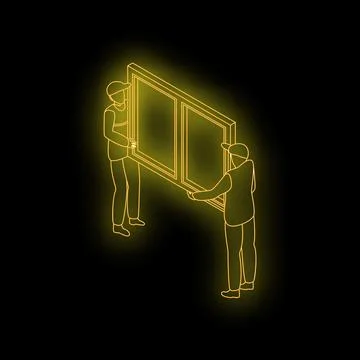 Construction workers carrying window neon sign isometric view Stock Illustration