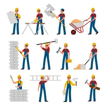 Construction workers. Cartoon builders in helmet work with constructions tools Stock Illustration