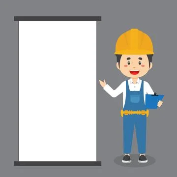 Construction Workers Character with Blank Board Stock Illustration