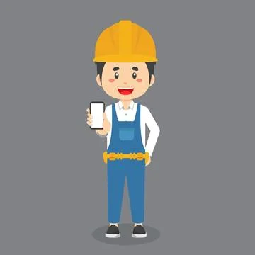 Construction Workers Character Hold The Phone Stock Illustration