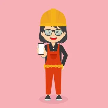 Construction Workers Character Hold The Phone Stock Illustration