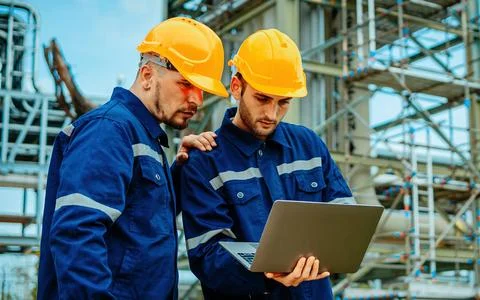 Construction workers collaborating at a job site while reviewing plans on a.. Stock Photos