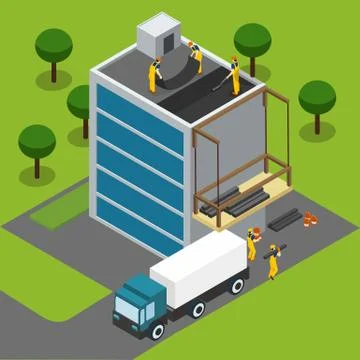 Construction Workers Completing Building Isometric Banner Stock Illustration