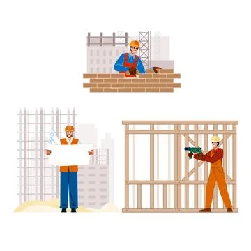 Construction workers developing building project planning and framing Stock Illustration