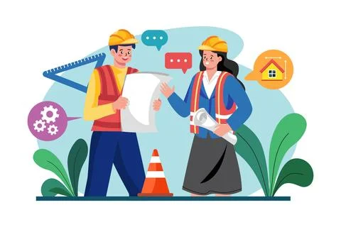 Construction workers discussing on building plan Ilustración de archivo