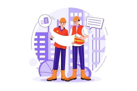 Construction workers discussing on building plan Ilustración de archivo