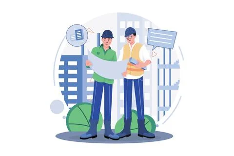 Construction Workers Discussing On Building Plan Ilustración de archivo