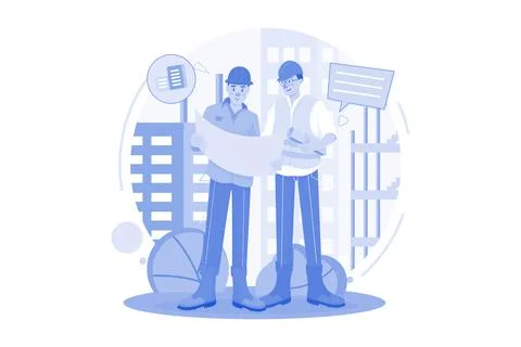 Construction Workers Discussing On Building Plan Ilustración de archivo