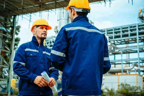 Construction workers discussing plans at a large industrial site during the d Stock Photos