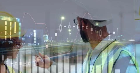 Construction workers discussing project plans with financial data overlay at Stock Illustration