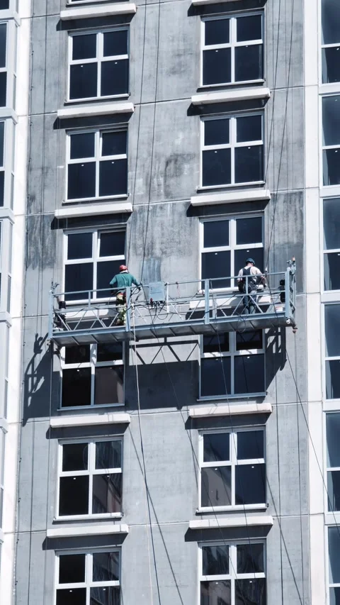 Construction workers on elevated suspended platform scaffold applying primer Stock Footage 344844513